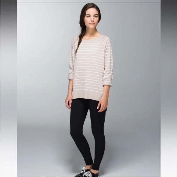 EUC Lululemon Post Savasana Striped Tan White Pullover Sweater- Size 6 - Picture 2 of 13